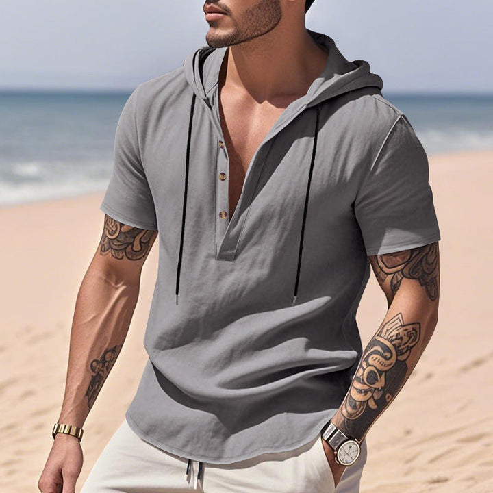 Camicia Henley con cappuccio in lino traspirante e maniche corte