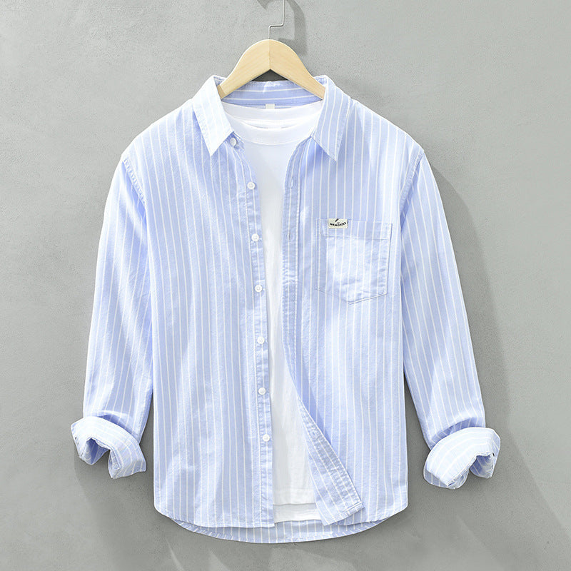 Camicia in cotone casual da uomo casual a maniche lunghe a righe in tessuto Oxford semplice e versatile