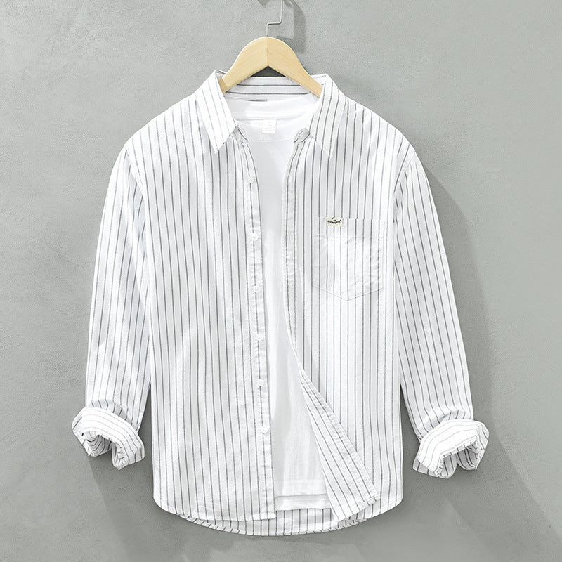 Camicia in cotone casual da uomo casual a maniche lunghe a righe in tessuto Oxford semplice e versatile