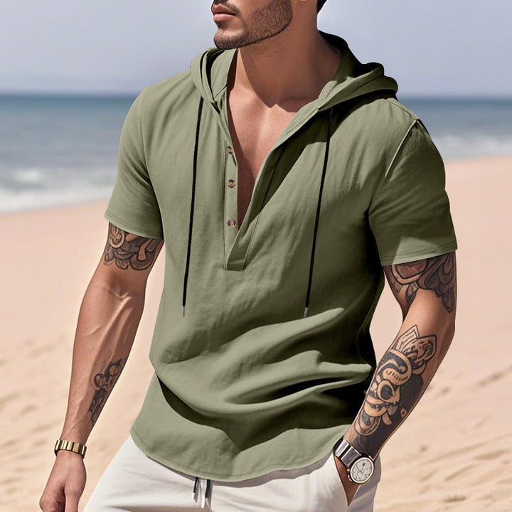 Camicia Henley con cappuccio in lino traspirante e maniche corte