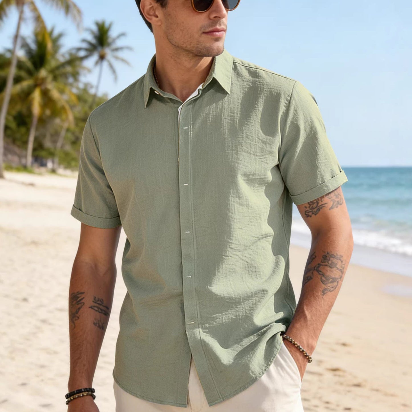Camicia da uomo a maniche corte in tinta unita con risvolto