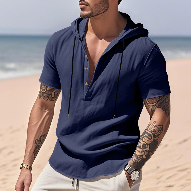 Camicia Henley con cappuccio in lino traspirante e maniche corte